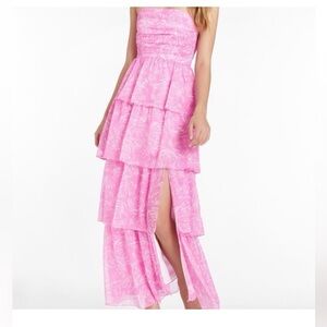 Strapless Amanda Uprichard Pink Tiered Maxi Dress (wedding guest)
